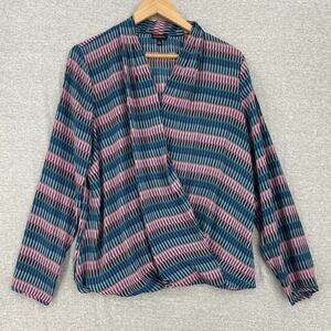 Talbots Blouse Womens 12 Blue Pink Striped Long Sleeve Faux Wrap Top